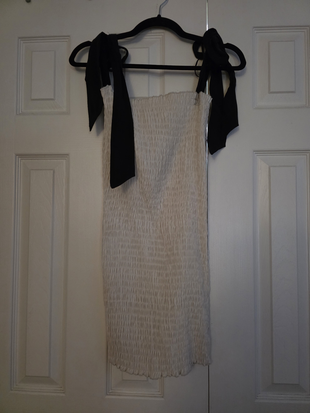 Zara Cream Strapless Smocked Midi Dress with Black Tie Straps